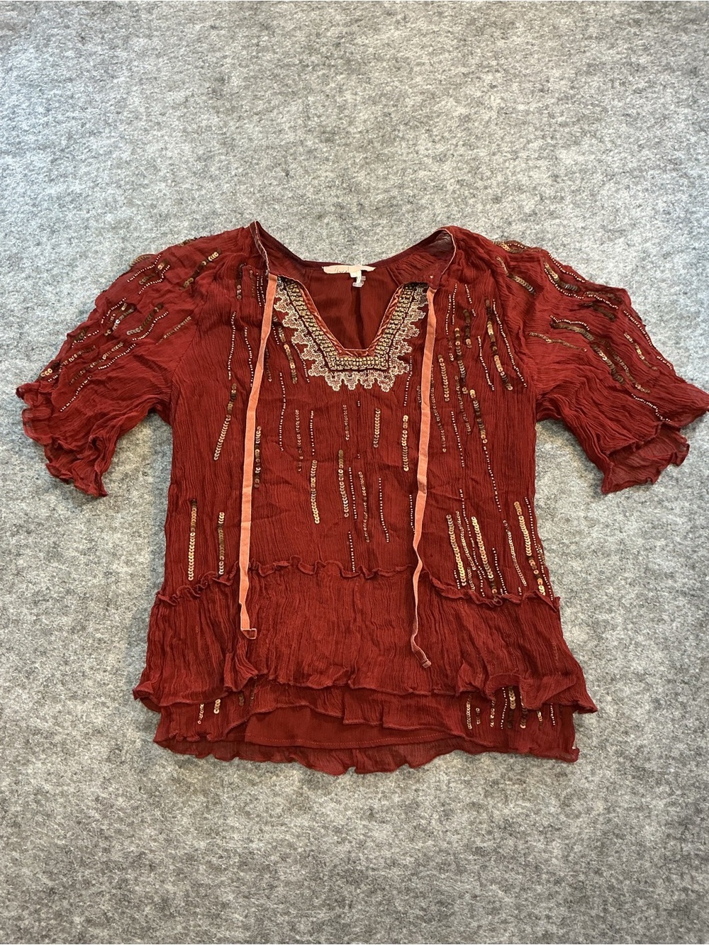 Floreat Anthropologie Bohemian Red Sequins tiered Peplum Blouse Size XS